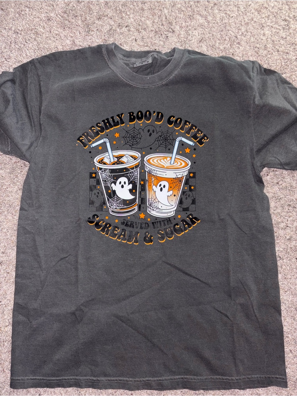 Comfort Colors Black Halloween Coffee Ghost Tee with Orange & White